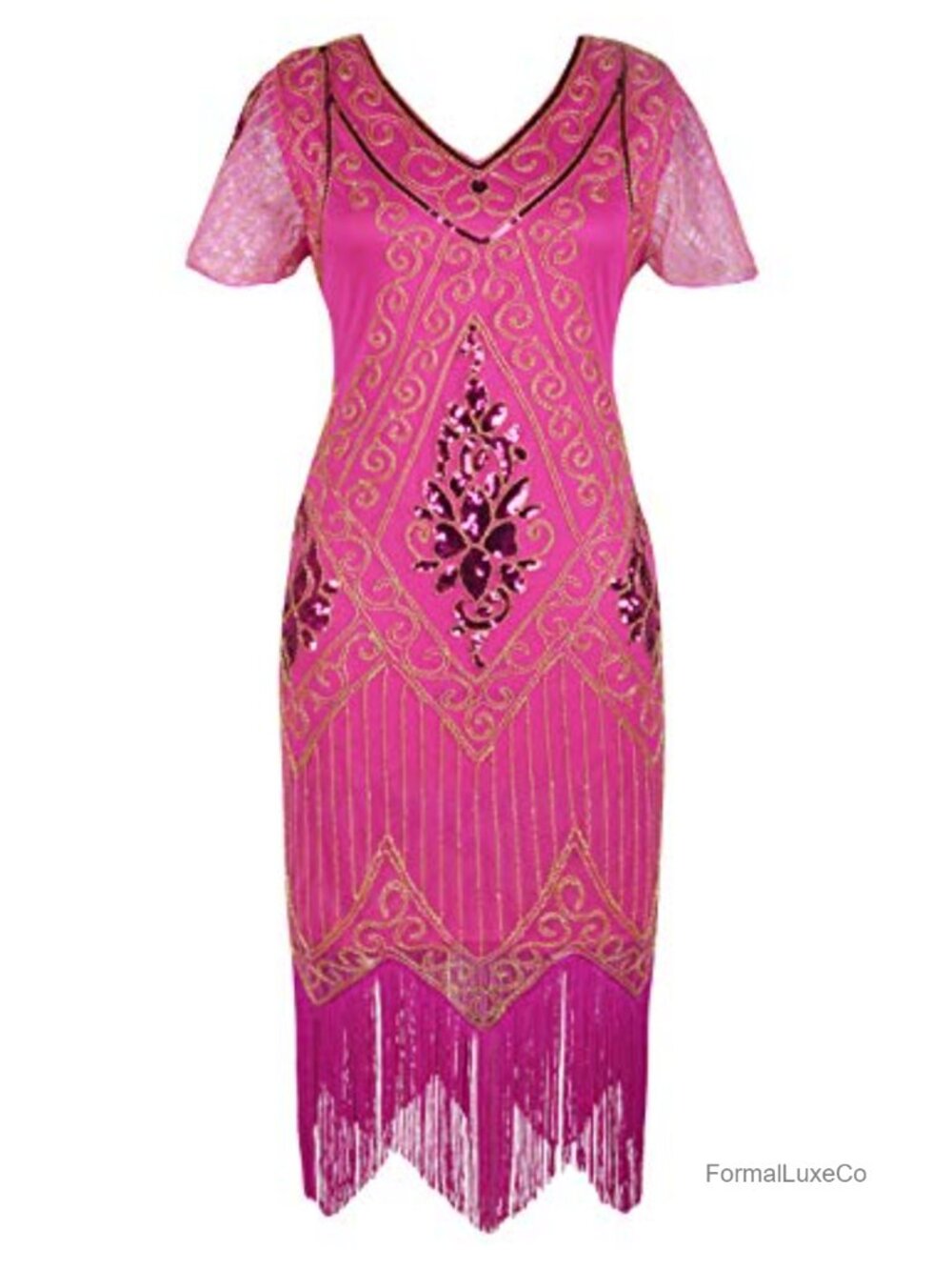 1920s Sequin Flapper Dress V Neck Short Sleeve Gatsby Cocktail